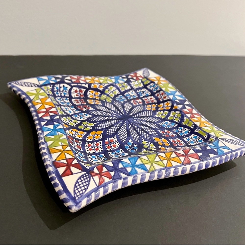 SOLD Hand-Painted Moroccan Ceramic Plate, Catchall, Colorful Wall Decor, 7" Squa - Picture 3 of 10